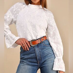 Lulus Charismatic Romantic Embroidered Mock Neck‎ Blouse Top, White, Size S